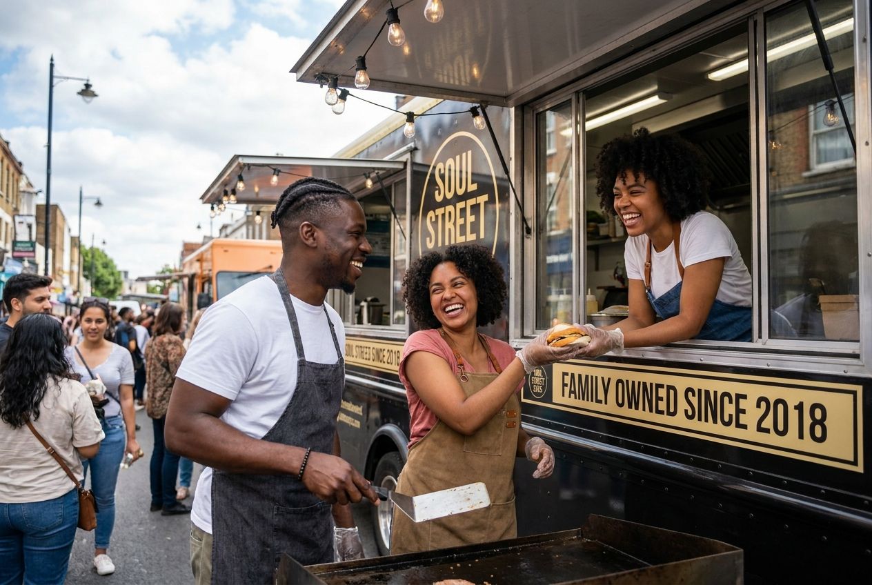 Food truck team laughing with customers at a street market