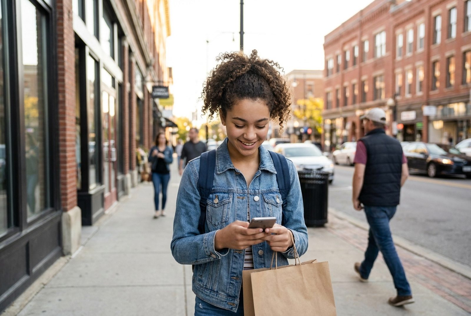 Smiling young woman checking her credit score on her phone