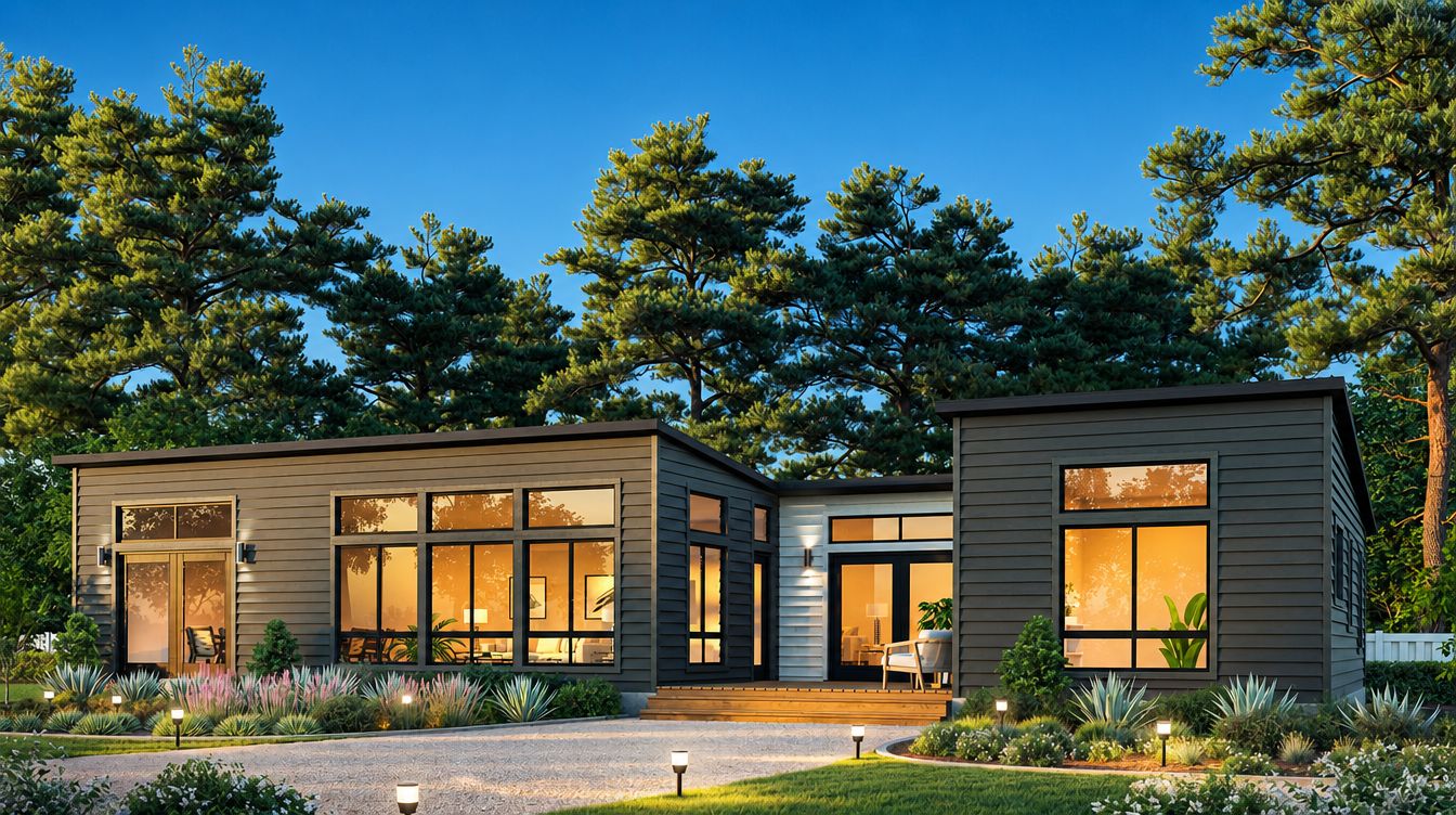 Modern single story manufactured home lit up at dusk